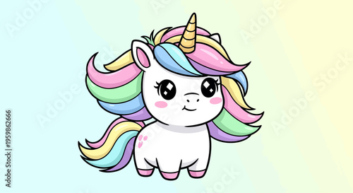 Cute Cartoon Unicorn with Rainbow Mane