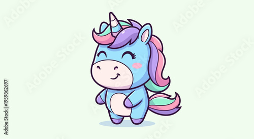 Cute cartoon unicorn smiling with colorful mane on a light background.