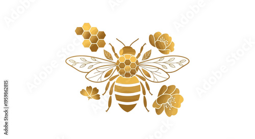 Elegant golden honey bee illustration with honeycomb and flowers