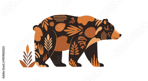 Stylized bear illustration with floral and leaf patterns in earth tones