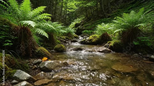 Serene forest stream with ferns growing.