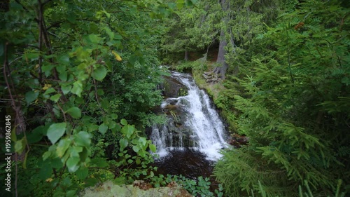 Revealing small Waterfall between trees in Menzenschwander cascade in Black Forest Germany Schwarzwald