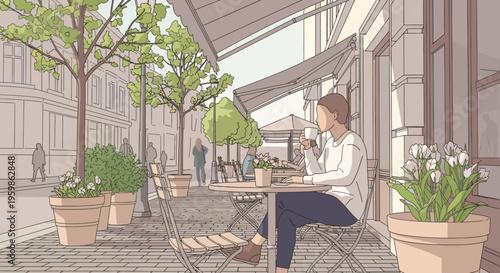 Woman relaxing at an outdoor sidewalk cafe drinking coffee illustration