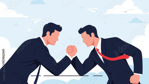Two businessmen in suits arm wrestling on a table in a conceptual illustration of corporate competition, strength, and business rivalry in office.