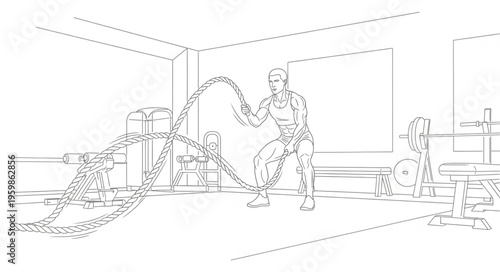 Line Art of a Person Exercising with Battle Ropes.