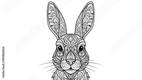 Intricate black and white zentangle illustration of a rabbit head with detailed geometric and floral patterns suitable for a coloring book page.