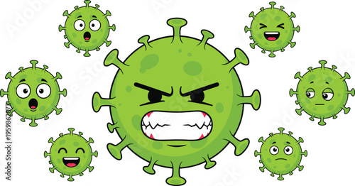 Cartoon virus illustration, green microorganism artwork, expressive face design, health awareness graphic, disease symbol icon, educational medical artwork, playful pathogen character