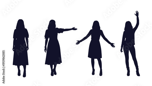 Set of four female silhouettes in various standing and expressive poses isolated on a white background for character design and layout planning.