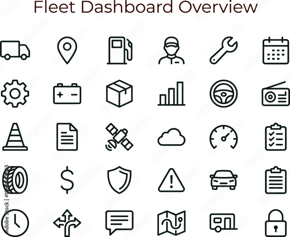 Fototapeta premium Fleet dashboard overview outline icon set featuring logistics vehicle monitoring analytics management navigation interface transport vector symbols collection