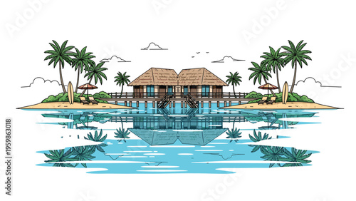 Tropical island resort with traditional overwater bungalows and palm trees reflected in calm blue water on a bright sunny day with white clouds.
