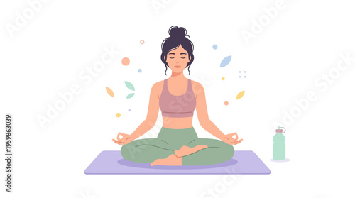 Woman Meditating in Lotus Pose on Yoga Mat.