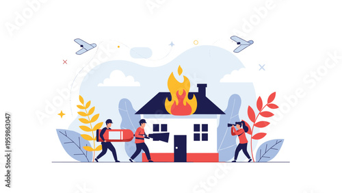 Team of firefighters using a large fire extinguisher to put out a fire on a small house in a conceptual illustration of emergency response and safety.