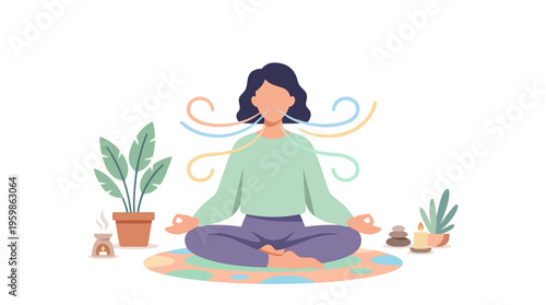 Woman Meditating in Lotus Pose with Peaceful Expression.
