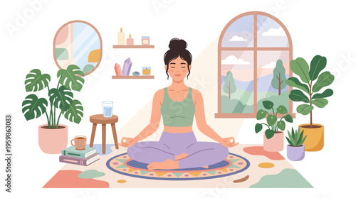 Woman meditating peacefully in lotus pose indoors.