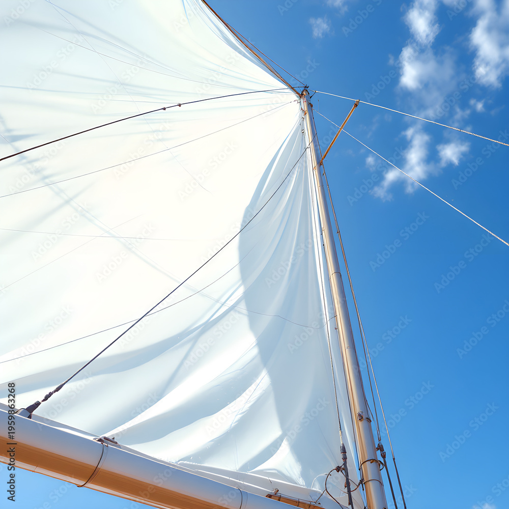 Fototapeta premium Sailboat mast and sail against blue sky