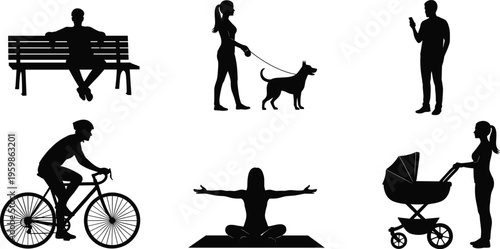 Everyday activity silhouette illustration, urban lifestyle artwork, people walking cycling sitting, yoga meditation design, outdoor park activity graphic