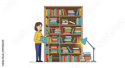 Woman Organizing Bookshelf with Lamp and Books.