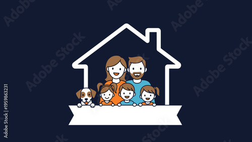 White silhouette of a house containing a happy family and their dog isolated on a dark blue background for real estate and life insurance logos.
