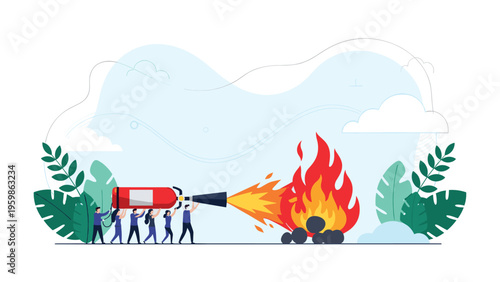 Team of diverse workers holding a giant fire extinguisher to put out a burning pile of coal in a conceptual illustration of carbon reduction goals.