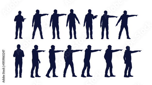 Silhouette set of a male construction or site worker in various pointing and holding poses isolated on a white background for professional designs.