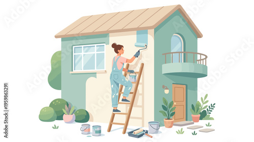 Woman painting house exterior with green color on ladder.