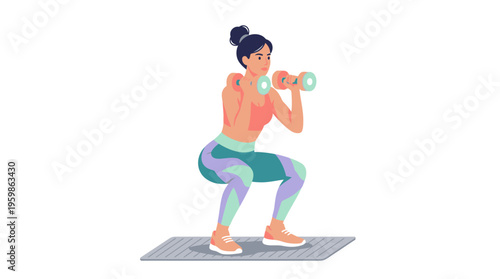 Woman performing dumbbell squat exercise on mat.