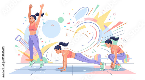 Woman performing fitness exercises in sequence.