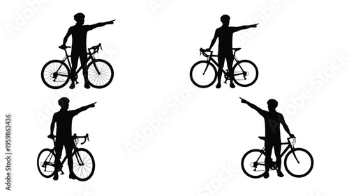 Collection of four black silhouettes of cyclists standing with their bikes and pointing forward against a white background.