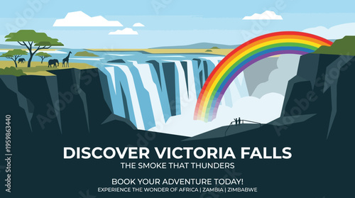 Victoria Falls Landscape with Rainbow and Wildlife