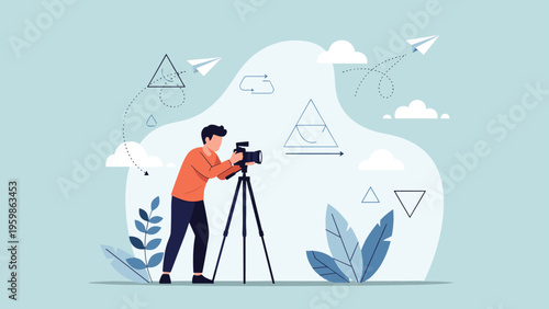 Professional photographer using a camera on a tripod to capture photos in a creative environment with clouds and paper planes.
