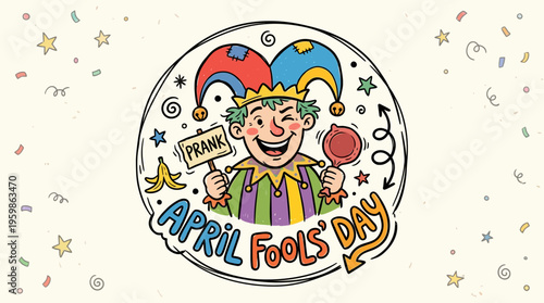 Fun April Fools' Day Cartoon with Jester and Prank Sign