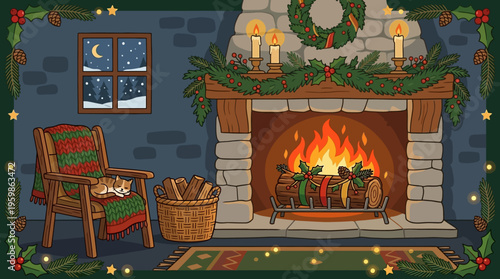 Cozy Christmas Fireplace with Festive Decorations