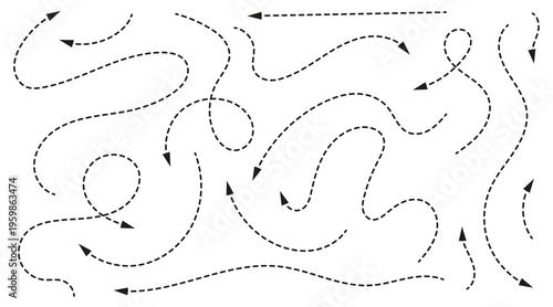 Dotted arrows and dashed line paths set isolated on transparent background. Black vector curved pointers and swirl lines for navigation, infographics and map routes. Minimalist design elements.