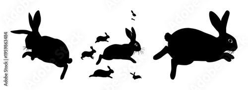 Rabbit hopping silhouette set with black outline silhouette design featuring rabbit, hopping, playful with nature and movement
