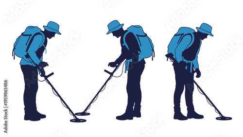Silhouettes of three explorers with backpacks and hats using metal detectors to search for buried treasure or minerals on white background.