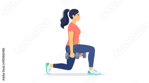 Woman performing lunges with dumbbells for fitness.