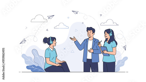 Three young people engaged in a professional conversation where two are wearing headsets and one is taking notes on a clipboard for a meeting.