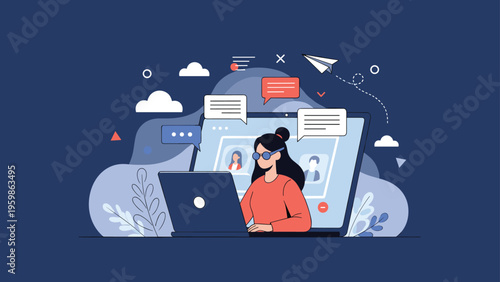 Young woman wearing glasses working on a laptop while participating in a remote team video conference call on dark blue background.