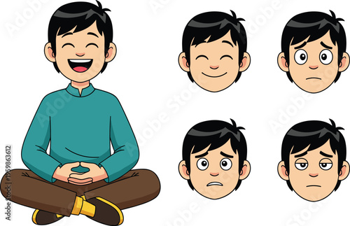 Cartoon Young Man Character with Meditation Pose and Facial Expressions Including Happy, Sad, Tired, and Worried Emotions for Mindfulness Vector Illustration Design.