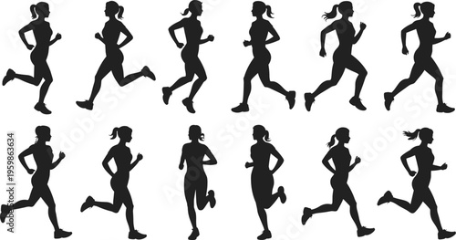 Running silhouette illustration, athletic motion artwork, human gait cycle design, sports training graphic, fitness activity symbol, dynamic movement posture artwork
