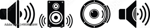 Audio speaker icon set, flat vector illustration of sound systems, subwoofer equipment, loud volume symbols, and acoustic electronic music technology elements