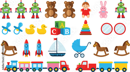 Colorful Kids Toy Collection Vector Set with Cartoon Robot, Teddy Bear, Train, Rocket, Blocks, Duck, Horse, and Baby Play Items for Children Design.