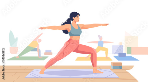 Woman practicing warrior two yoga pose on mat.
