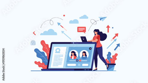 Recruitment professional using a laptop to browse candidate profiles on a large screen with growth arrows in background.