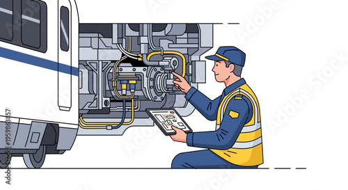 Train Mechanic Inspecting Engine Components with Tablet.