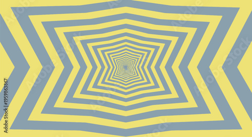 Hypnotic tunnel effect with yellow and blue grey star shapes receding into distance creates powerful perspective for motion graphics and psychedelic art