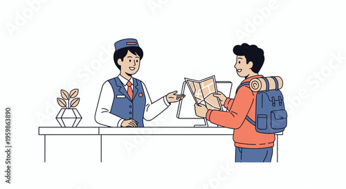 Traveler getting assistance at hotel reception desk.