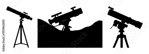 Telescope stargazing silhouette set with a single telescope silhouette against a star-filled night sky featuring night, stars, telescope with silhouette and astronomy