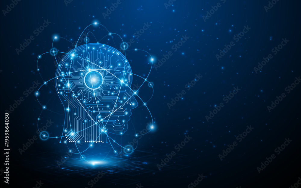 Obraz premium The concept of artificial neural networks or artificial intelligence technology. A human head with a digital circuit board. Digital brain science for future learning. 