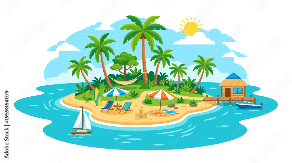 Fototapeta premium Tropical Island Paradise with Palm Trees and Beach Chairs.